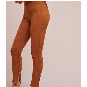 Anthropologie Skinny Pull-on Pants Leggings Sz 29 Brown Faux Suede Zip Ankle